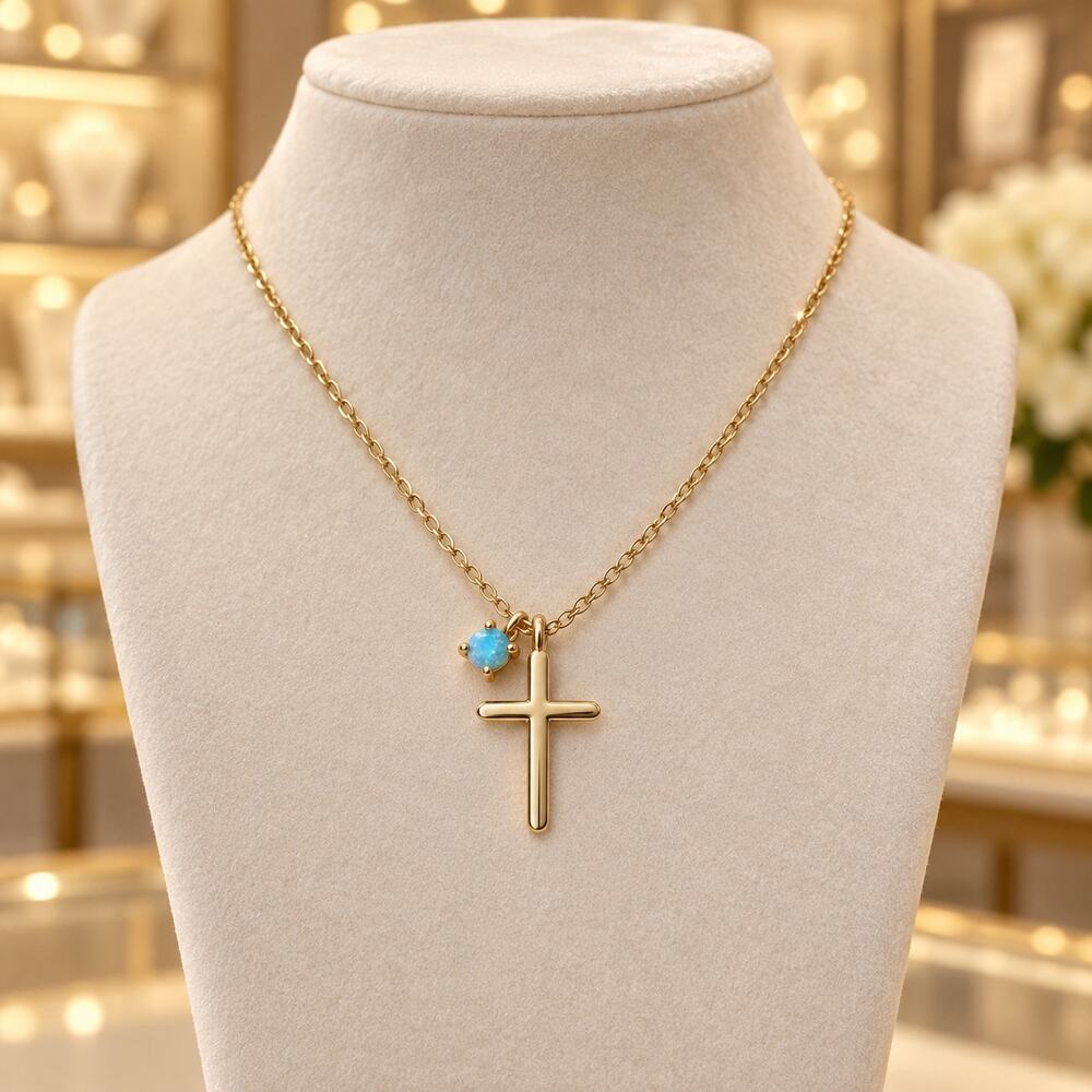 925 Sterling Silver Cross Necklace Opal Charm Gold Tone 16” + 2” Extender Gift